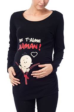 M.M.C. Je T'Aime Maman - Umstandsmode Umstandsshirt mit Motiv Sweatshirt Schwangerschaftsshirt für die Schwangerschaft, Langarm (Schwarz, Large) von M.M.C.