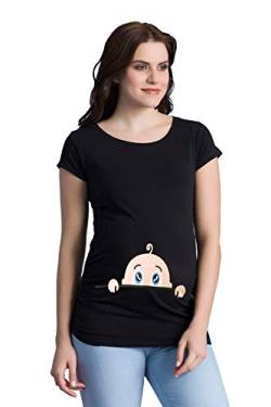 Neugieriges Baby - Lustige witzige süße Umstandsmode mit Motiv Umstandsshirt für die Schwangerschaft T-Shirt Schwangerschaftsshirt, Kurzarm (Schwarz, Medium) von M.M.C.