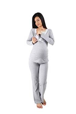 Still-Pyjama Set mit Spitze für Damen - Umstandspyjama Schlafanzug Nachtwäsche für Schwangerschaft und Stillzeit mit Stillfunktion, Langarm (Grau, Medium) von M.M.C.