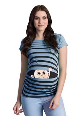 Winke Winke Baby - Lustige witzige süße Umstandsmode gestreiftes Umstandsshirt mit Motiv für die Schwangerschaft Schwangerschaftsshirt, Kurzarm (Babyblau, X-Large) von M.M.C.
