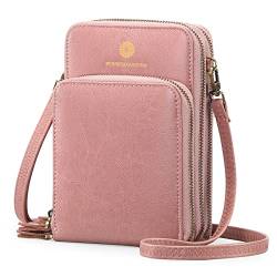 M.lemo925 Echtes Leder Crossbody Tasche für Damen Handy Geldbörse 3 Reißverschluss Geldbörse Tasche Damen, Farbe: Pink von M.lemo925