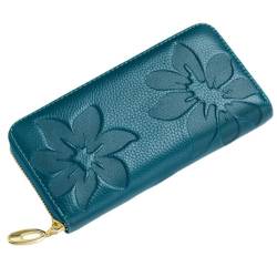 M.lemo925 Echtes Leder Geldbörse für Frauen Neuheit Prägung Blume Reißverschluss um Clutch Geldbörse, Blau von M.lemo925