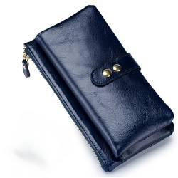 M.lemo925 Echtes Leder Reißverschluss Lange Geldbörse für Frauen Kreditkarte Halter Brieftasche Telefon Halter Kupplung Tasche, Blau von M.lemo925