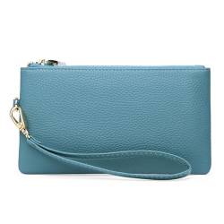 RFID-blockierende Brieftasche für Frauen, echtes Leder, Handgelenkriemen, Pone Pouch Reißverschluss um Münzfach, Clutch-Geldbörse, Hellblau von M.lemo925