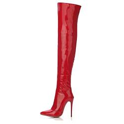Damen Lackleder Oberschenkel Hohe Stiefel Spitze Zehe Seite Reißverschluss Sexy Stiletto High Heel Over The Knee Stiefel,Rot,38 EU von MAAARI