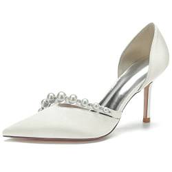 Damen Spitze Zehe mit Pfennigabsatz Hochzeit Schuhe Satin Perle Brautschuhe Schlüpfen Auf D'orsay Pumps,Elfenbein,42 EU von MAAARI