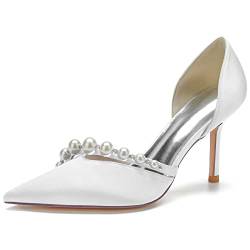 Damen Spitze Zehe mit Pfennigabsatz Hochzeit Schuhe Satin Perle Brautschuhe Schlüpfen Auf D'orsay Pumps,Weiß,41 EU von MAAARI