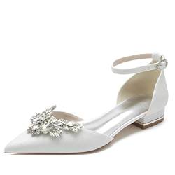 Frauen Knöchelriemen Ballerinas Hochzeitsschuhe Flache Absatz Glitzer Geschlossene Zehen D'orsay Brautjungfer Brautschuhe,Weiß,40 EU von MAAARI