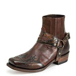 MAAARI Herren Western Stiefeletten Mode Schnalle Riemen Slip-on Stiefel Retro Leder Quadratische Zehe Cowboy Kurze Stiefel Cowboy Motorradstiefel,Braun,40 EU von MAAARI