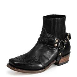 MAAARI Herren Western Stiefeletten Mode Schnalle Riemen Slip-on Stiefel Retro Leder Quadratische Zehe Cowboy Kurze Stiefel Cowboy Motorradstiefel,Schwarz,46 EU von MAAARI