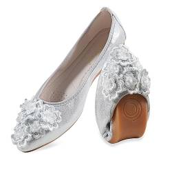 MACHSWON Ballerinas für Frauen, bequeme flache Schuhe, funkelnde Blume, Strass, Slipper mit spitzem Zeh, flache Schuhe für Damen, Silber 2, 41 EU von MACHSWON