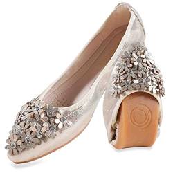 MACHSWON Ballerinas für Frauen Bequeme Damen Flache Glitzernde Blume Strass Slip on Pointed Toe Flache Schuhe Frauen, gold, 37 EU von MACHSWON