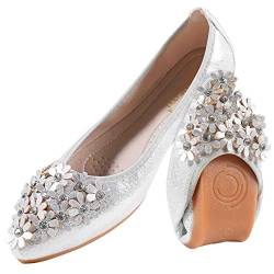 MACHSWON Ballerinas für Frauen Bequeme Damen Flache Glitzernde Blume Strass Slip on Pointed Toe Flache Schuhe Frauen, silber, 40.5 EU von MACHSWON