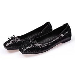 MACHSWON Damen Ballerina flache Pumps mit quadratischem Zehenbereich, glitzernde Pailletten, zum Reinschlüpfen, elegante flache Pumps, Schwarz , 37 EU von MACHSWON