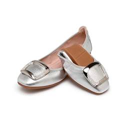 MACHSWON Damen Ballerinas mit Schnalle, flach, zum Reinschlüpfen, faltbar, mit Schnalle, tragbare Damen-Slipper, silber, 37 EU von MACHSWON