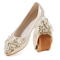 MACHSWON Damen Ballettschuhe bequeme Damen Flach Glitzer Blumen Strass Einschub Spitznase Flache Schuhe Damen, Gold 2, 39 EU von MACHSWON