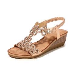 MACHSWON Damen Offene Zehenpartie Plateau Keilsandalen Dressy Casual Sandale Sommer Bequem Funkelnd Bohemian Strand Perlen Outdoor Hochzeitsschuhe, Champagner 1, 38 EU von MACHSWON