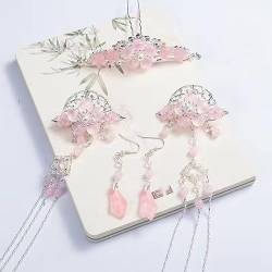 Chinesische Hanfu Haarkrone rosa Blume Perlen Quaste Haarnadel Ohrring 5 Stück Set rosa Set von MAFSMJP