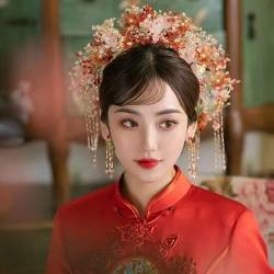 Chinesische Klassische Rote Lange Quaste Phönix Haar Clip Ohrringe Sets Braut Hochzeit Xiuhe Kopf Zubehör Goldfarbe von MAFSMJP