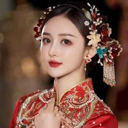 Chinesische Wind Rote Blume Quaste Haarnadeln Braut Kopfschmuck Kostüm Xiuhe Hochzeit Haarschmuck Haar Ohr set von MAFSMJP