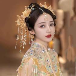 Chinesische Xiuhe Kleid Blume Kopfschmuck Braut Phoenix Haarnadel Set Hochzeit Kleidung Kopf Zubehör full set von MAFSMJP