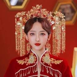Chinesische klassische rote lange Quaste Phönix Haarspange Ohrringe Sets Braut Hochzeit Xiuhe Kopf Zubehör Versilbert von MAFSMJP