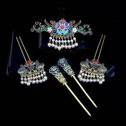 Chinesischer antiker Kopfschmuck Blaue Blume Glückverheißende Wolken Krone Perlen Quaste Haarnadel 5-teiliges Set von MAFSMJP