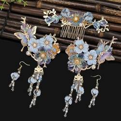 Damen Blau Schmetterling mit Blumen Haarnadel Ohrring Set Antike Haar Zubehör 5pcs set von MAFSMJP