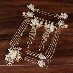 Damen-Haarnadel-Set, vergoldet, Goldfisch mit weißen Perlen, Blume, 9-teiliges Set, chinesischer Hanfu-Kopfschmuck, goldfarbene Spitze von MAFSMJP