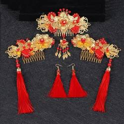 Frauen Haar Kamm Traditionelle Chinesische Hochzeit Kopfschmuck Zubehör Rote Quaste Stick haarnadeln set von MAFSMJP
