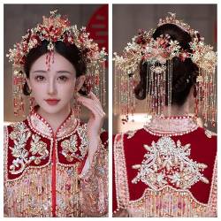 Hochzeit Haarschmuck Traditionelle Chinesische Haarnadel Gold Farbe Haar Kamm Kopf Braut Kopfschmuck Rot von MAFSMJP
