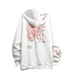 Schmetterling Kirschblüte Stickerei Hoodies Sweatshirts Harajuku Streetwear Schwarze Jacken Herren Damen Pullover, weiß, 38 von MAFSMJP