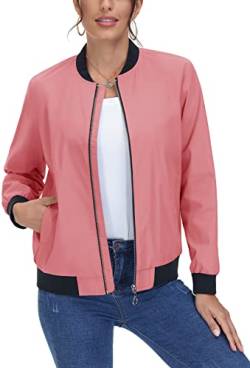 MAGCOMSEN Damen Dünne Bomberjacke Leicht College Jacke Sommer Reißverschluss Windbreaker Frauen Polyester Fliegerjacke Military US Blouson Jacke mit Multi Taschen Grau Rosa L von MAGCOMSEN