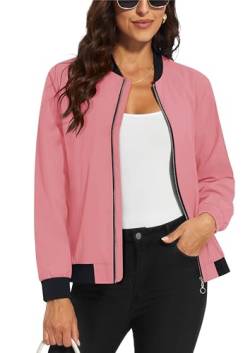 MAGCOMSEN Damen Dünne Bomberjacke Leicht College Jacke Sommer Reißverschluss Windbreaker Frauen Polyester Fliegerjacke Military US Blouson Jacke mit Multi Taschen Grau Rosa S von MAGCOMSEN