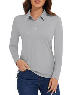 MAGCOMSEN Damen Golf Poloshirt Langarm Atmungsaktiv Sportshirt Schnelltrocknend Funktionsshirt Athletic Polo Long Sleeve, Hellgrau M von MAGCOMSEN