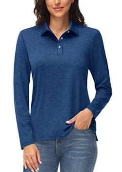 MAGCOMSEN Damen Golfshirt Langarm Polo T-Shirt Schnell Trockend UV Shirt Leicht Freizeit Polohemd Damen Sonnenschutz Funktionsshirts mit 3-Knopfleiste Dunkelblau M von MAGCOMSEN