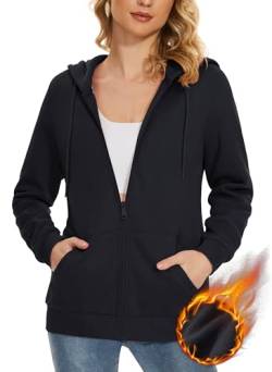 MAGCOMSEN Damen Jacke Kapuze Sweatshirt Warme Fleecejacke Zip Up Fitnessjacke Joggen Wanderjacke Leicht Hoodie Herbst Winter Trainingsjacke Schwarz XXL von MAGCOMSEN