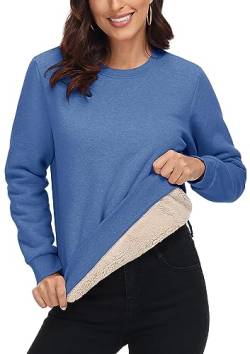 MAGCOMSEN Damen Langarm Pullover Winter Sweatshirt College Tshirt Warm Freizeitshirt Sport Wandershirt mit Crewneck Grau Blau L von MAGCOMSEN