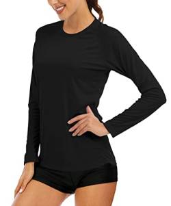 MAGCOMSEN Damen Langarmshirt UV Sonnenschutz T-Shirt Leicht Surfen Rashguard Damen Basic Trainingsshirt UPF 50+ Schnell Trockend Outdoorshirt mit Rund Ausschnitt Schwarz L von MAGCOMSEN