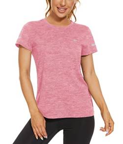 MAGCOMSEN Damen Laufshirts Schnelltrocknend Fitnessshirts Rundhals Sport T-Shirts Leicht Kurzarmshirt Frauen Outdoor Wandershirts Atmungsaktiv Sommershirts Basic Tops Shirt Rosa M von MAGCOMSEN