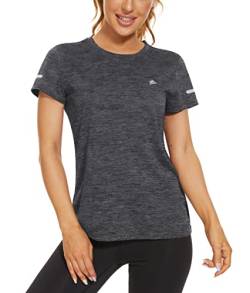 MAGCOMSEN Damen Outdoorshirt Kurzarm Shirt Meliert Leicht Sweatshirt Quick Dry Funktionsshirts Damen Sommer Trainingsshirt Atmungsaktiv Laufshirts mit Reflektierender Streifen Dunkelgrau L von MAGCOMSEN