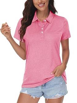 MAGCOMSEN Damen Polo Golf Kurzarmshirts Meliert Sport Polohemd Outdoor Quick Dry T-Shirt für Yoga Fitness Damen Atmungsaktiv Laufshirt Short Sleeve Trainingshirt mit 1/4 Knopfleiste Pink L von MAGCOMSEN