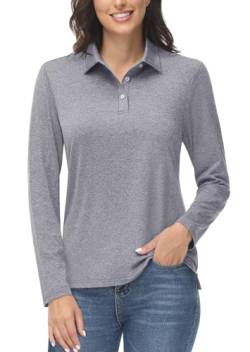 MAGCOMSEN Damen Polo Shirt UV Schutz Langarmshirt UPF 50+ Golf Funktionsshirt Damen Outdoor Oberteile Shirt mit 1/4 Knopfleiste Schnelltrockend Stretch Wandershirt Hellgrau XL von MAGCOMSEN