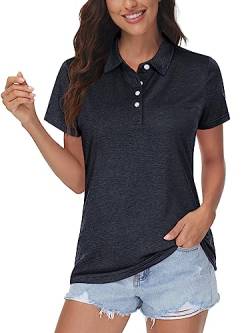 MAGCOMSEN Damen Sport Poloshirt Golf Sommershirt Kurzarm Polohemd Damen Atmungsaktiv Tennis Shirts Quick Dry Polo Funktionsshirts Leicht Laufen Yoga T-Shirts Schwarz L von MAGCOMSEN