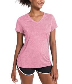 MAGCOMSEN Damen Sport Shirt Leichte Trainingsshirt Kurzarm Atmungsaktiv Lässig T-Shirt Weich Outdoor Shirt mit V-Ausschnitt Funktionsshirt für Yoga, Jogging Rosa 2XL von MAGCOMSEN
