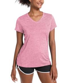 MAGCOMSEN Damen Sport Shirt Leichte Trainingsshirt Kurzarm Atmungsaktiv Lässig T-Shirt Weich Outdoor Shirt mit V-Ausschnitt Funktionsshirt für Yoga, Jogging Rosa M von MAGCOMSEN