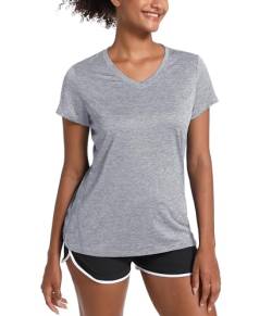 MAGCOMSEN Damen Sport T-Shirts Atmungsaktiv Sommer Laufshirt mit V-Ausschnitt Leichte Funktionsshirt für Wandern Trainingsshirt Kurzarm Yoga Shirts Hellgrau L von MAGCOMSEN