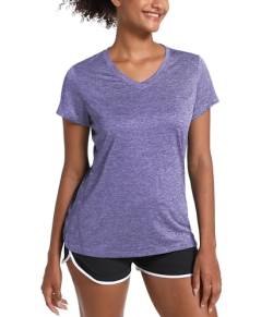 MAGCOMSEN Damen Trainingsshirt Kurzarm Atmungsaktiv Fitness Shirt mit V-Ausschnitt Leicht Sportshirts Sommer Tshirt Damen Funktionsshirt für Joggen Violett 2XL von MAGCOMSEN