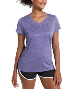 MAGCOMSEN Damen Trainingsshirt Kurzarm Atmungsaktiv Fitness Shirt mit V-Ausschnitt Leicht Sportshirts Sommer Tshirt Damen Funktionsshirt für Joggen Violett XL von MAGCOMSEN