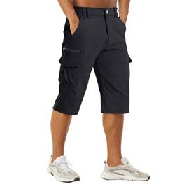 MAGCOMSEN Herren 3/4 Outdoor Hose Leicht Sommer Bermuda Schnell Trockend Cargo Short Herren Stretch Multi Taschen Radhose Wandern Dreiviertel Hosen Schwarz 30 von MAGCOMSEN